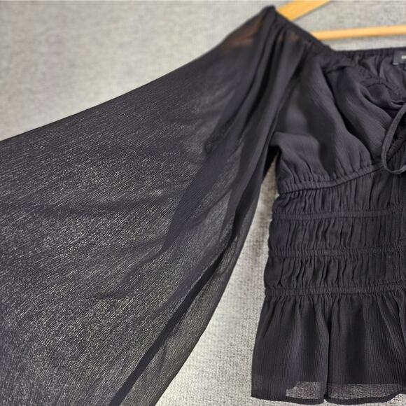 EXPRESS WOMENS BLACK SMOCKED PUFF SLEEVE BLOUSE SIZE XS SQUARE NECK - Picture 5 of 10